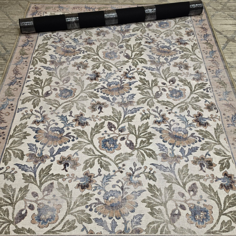 Ruggable 5' x 7' Floral Sage Blue Washable Rug + Standard Pad – Brand New
